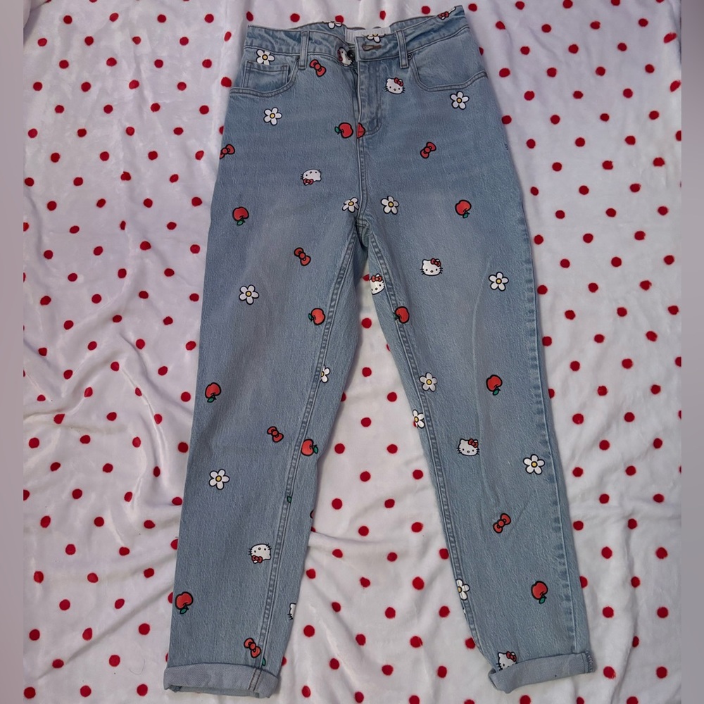 Sanrio Light Blue Denim Ankle Jeans with Hello Kitty & Cherry Motifs